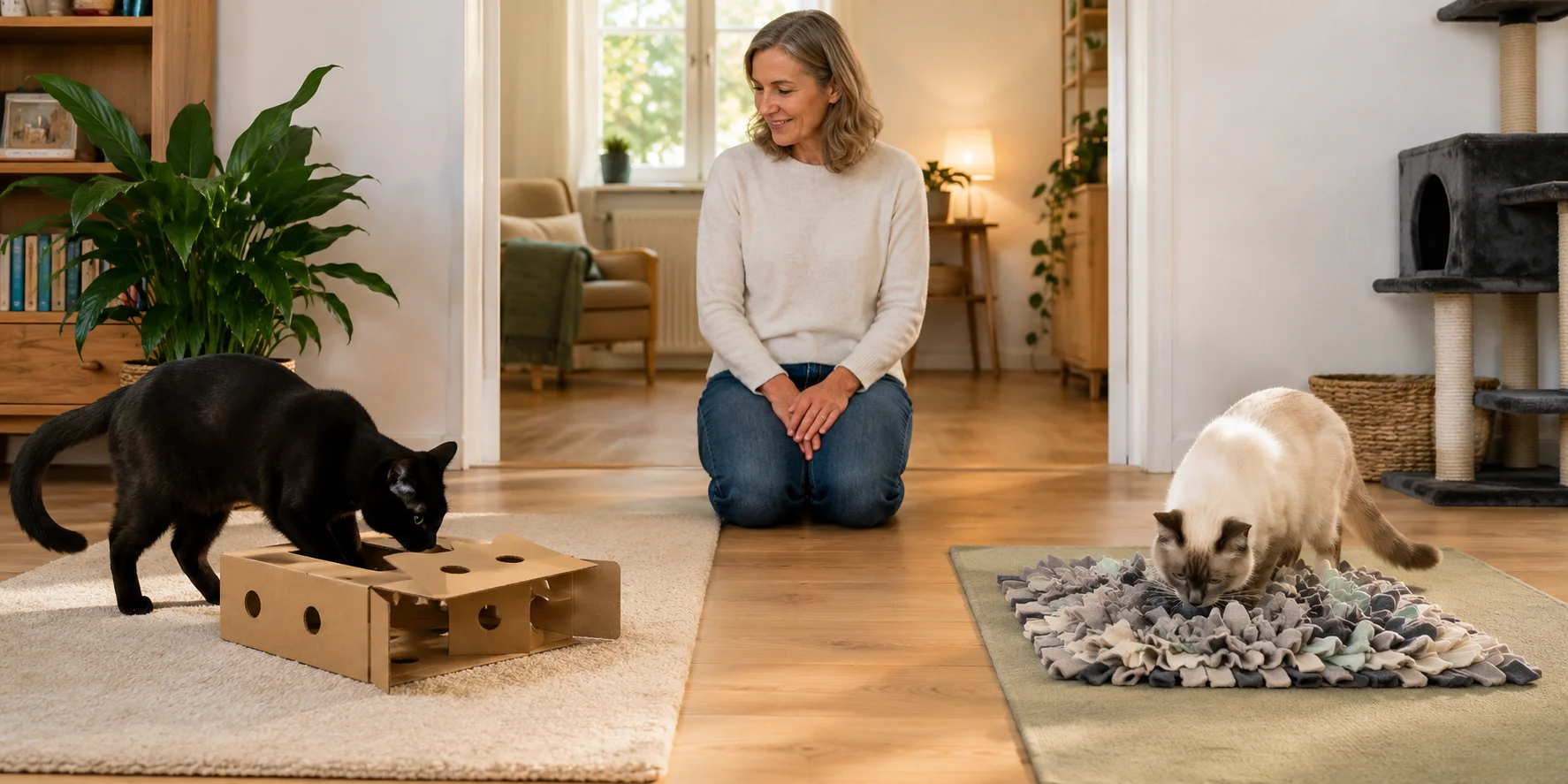 Eine Katzenhalterin beschäftigt zwei Katzen