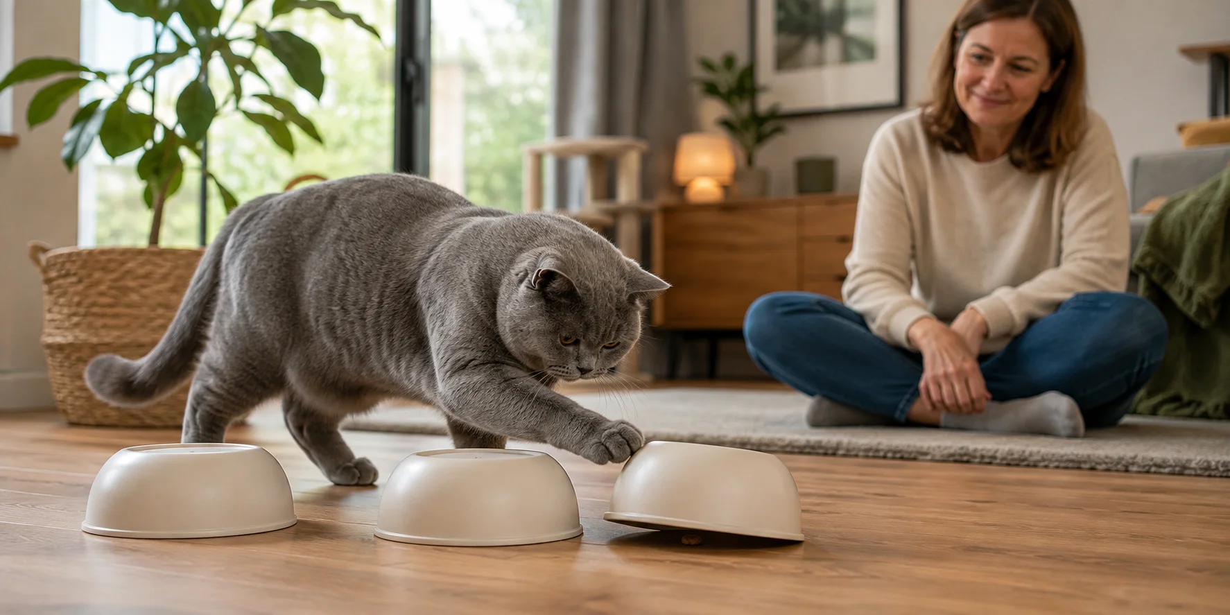 Eine Katze entdeckt ein ruhiges Futtersuchspiel