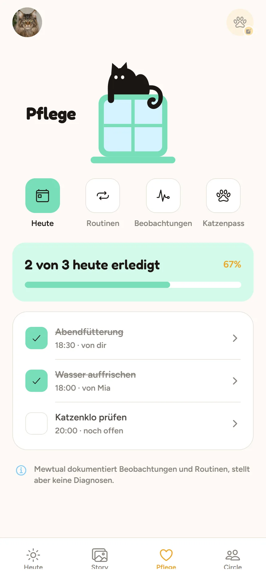 Pflege-Ansicht mit drei täglichen Aufgaben