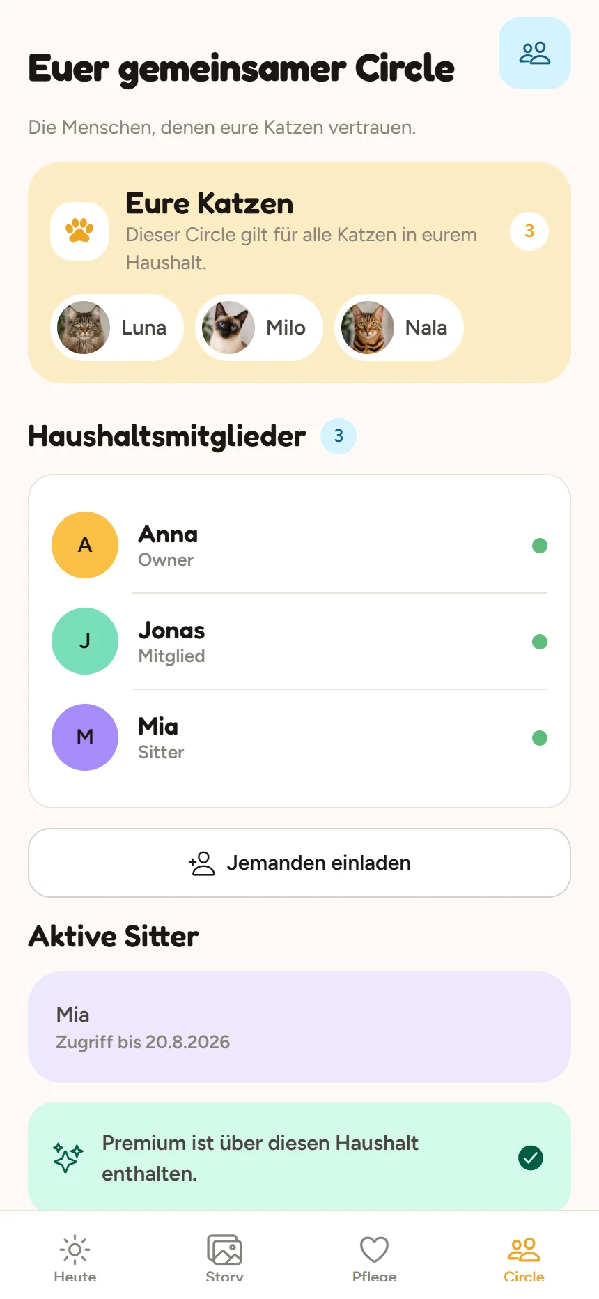 Circle-Ansicht mit drei Katzen und drei Haushaltsmitgliedern