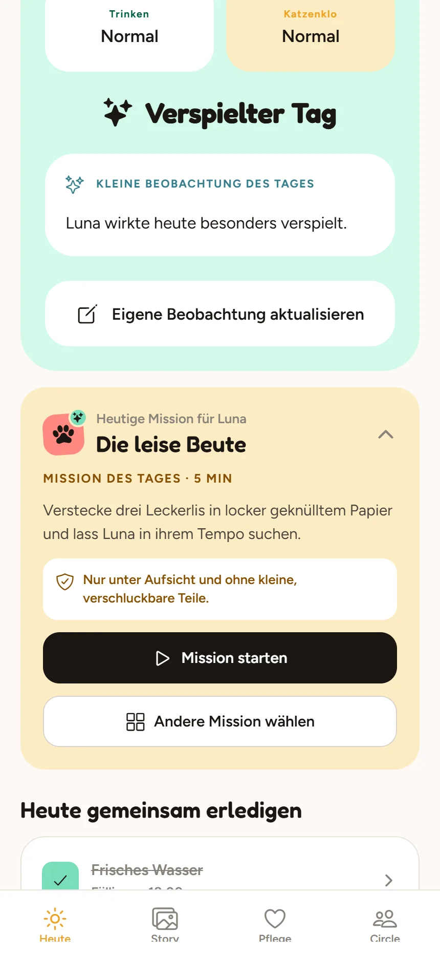 Geöffnete Tagesmission für Luna mit Sicherheitshinweis