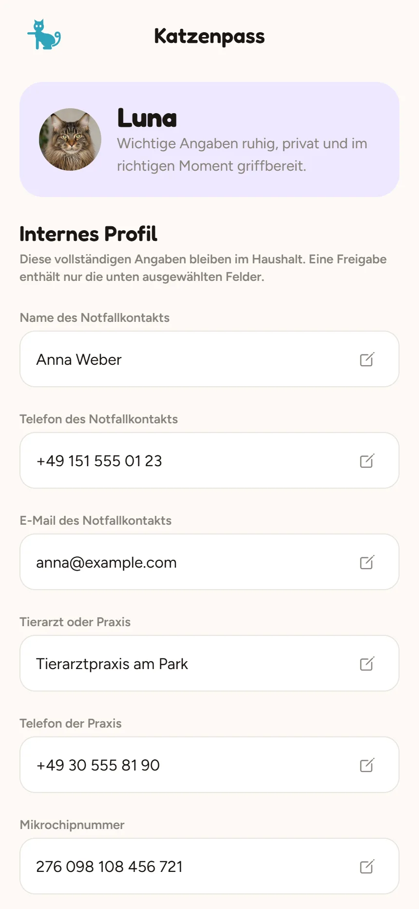 Ausgefüllter Katzenpass für Luna